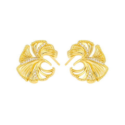 Holiday Beautiful CZ Hollow Ginkgo Leaf 925 Sterling Silver Stud Earrings